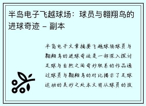 半岛电子飞越球场：球员与翱翔鸟的进球奇迹 - 副本