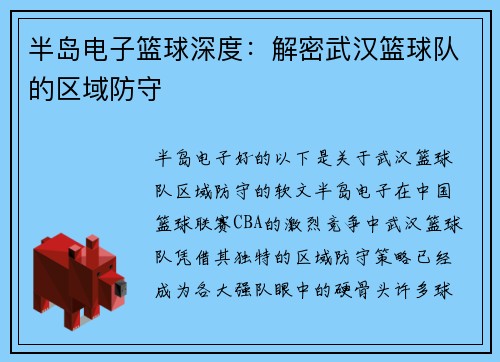 半岛电子篮球深度：解密武汉篮球队的区域防守