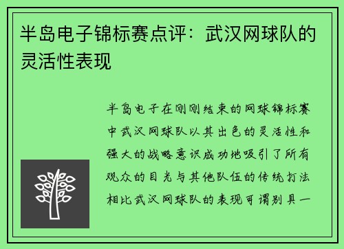 半岛电子锦标赛点评：武汉网球队的灵活性表现