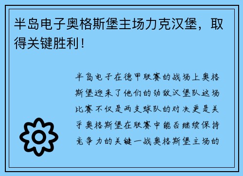 半岛电子奥格斯堡主场力克汉堡，取得关键胜利！