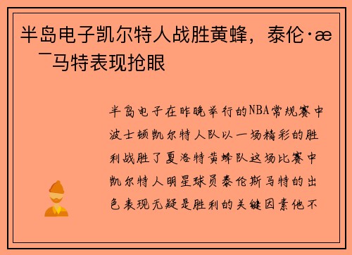 半岛电子凯尔特人战胜黄蜂，泰伦·斯马特表现抢眼