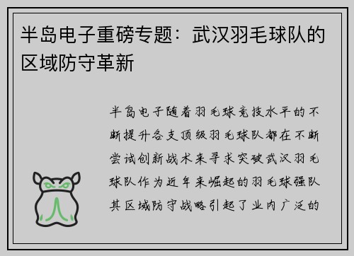 半岛电子重磅专题：武汉羽毛球队的区域防守革新