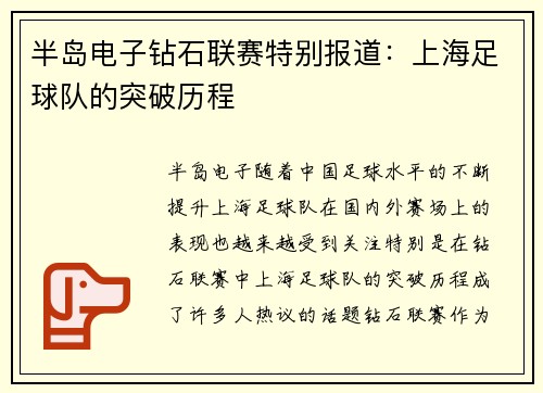 半岛电子钻石联赛特别报道：上海足球队的突破历程