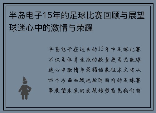 半岛电子15年的足球比赛回顾与展望球迷心中的激情与荣耀