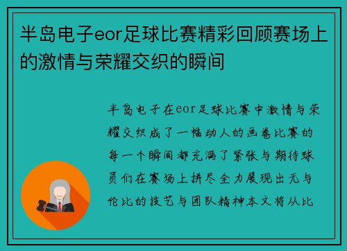 半岛电子eor足球比赛精彩回顾赛场上的激情与荣耀交织的瞬间