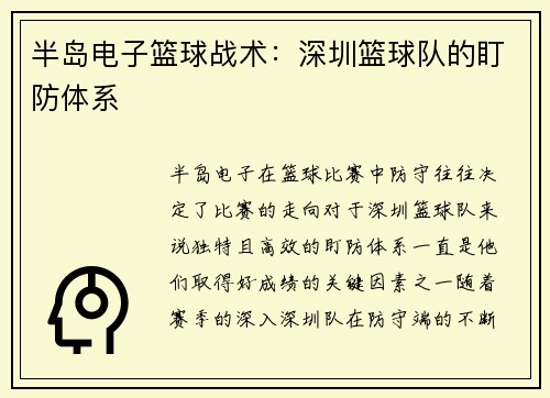 半岛电子篮球战术：深圳篮球队的盯防体系