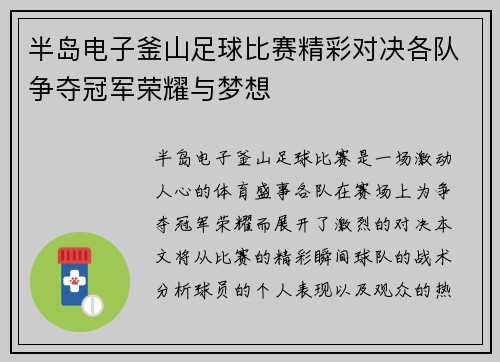 半岛电子釜山足球比赛精彩对决各队争夺冠军荣耀与梦想