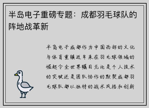 半岛电子重磅专题：成都羽毛球队的阵地战革新