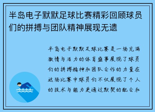 半岛电子默默足球比赛精彩回顾球员们的拼搏与团队精神展现无遗